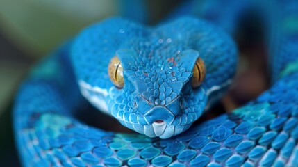 Fototapeta premium A vivid image of a blue snake with piercing yellow eyes prominently displays its scales and texture, curled gracefully as it traverses lush green foliage in a natural setting.