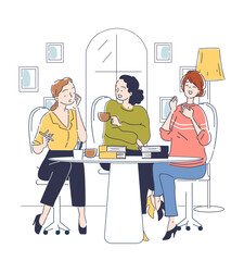 Women studying together. Young girls sitting in apartment and reading textbooks. Friends preparing for test or examination together. Linear vector illustration isolated on white background