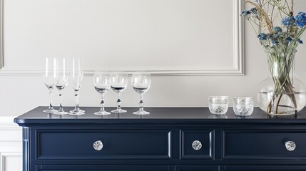 Elegant navy blue sideboard with decorative glassware, stylish coastal home interior