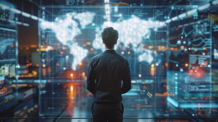 Logistic transportation network concept, business man monitor by using artificial intelligence technology to manage localization and identification data of supply chain to improve economy system