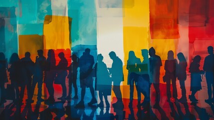  Diverse group in line to vote; one holds American flag