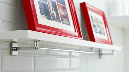 Elegant white floating shelves with chrome brackets, featuring red framed photos in a chic bathroom