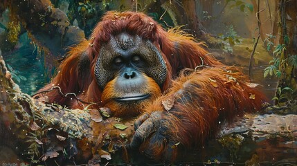 Obraz premium A serene image of an orangutan resting on a fallen tree trunk in a jungle setting, with its eyes closed and relaxed, amidst the lush, leafy surroundings of its habitat.