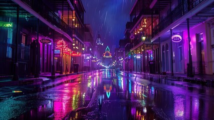 A neon-lit street with bright signs and wet pavement reflecting the vibrant colors, captured at night. The atmosphere is moody and evokes a sense of solitude amidst the lights.