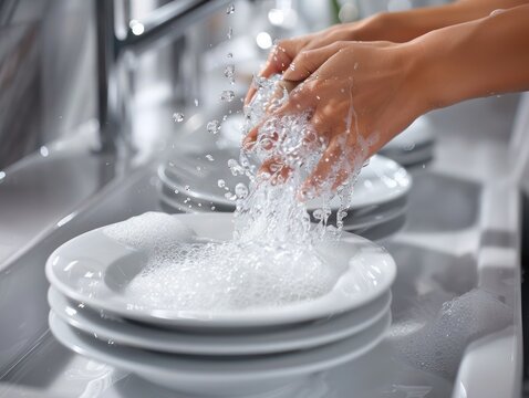 Clean Kitchen Essentials Woman Washing Dishes with Sparkling Water, Ensuring Food Safety and Hygiene