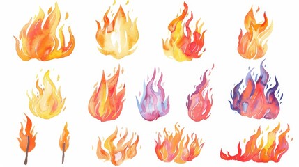 Fire flames set. White background. Watercolor illustrations