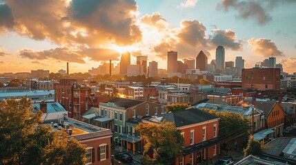 Naklejka premium A picturesque sunrise lights up urban rooftops with warm hues, casting gentle shadows and illuminating a distant skyline against a serene, cloud-rich morning sky.