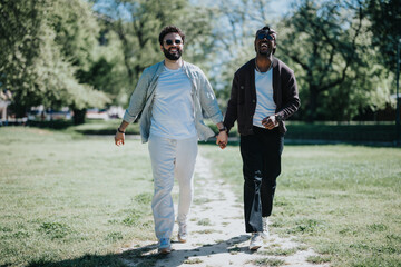 Fototapeta premium A young, happy gay couple enjoys a sunny day out in the park, holding hands and laughing together while walking.