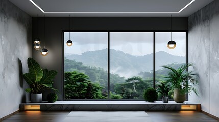 Semi close-up of bedroom windows with green plants and dark gray mountain view tapestry, ceiling lights in studyblr style, forest scene, coastal views, webcam photography, hyper-realistic urban,