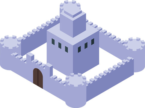 Low poly, isometric illustration of a medieval fortress with towering walls and a gate, perfect for historical or fantasy projects