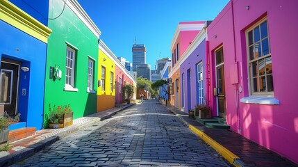 Obraz premium A lively street scene displaying colorful buildings in hues of green, yellow, blue, and pink, set against cobblestone pavement and bright sky, evoking a sense of joy and vibrancy.