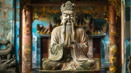 This image features an ancient statue of a deity, intricately carved and seated in a meditative posture within a beautifully decorated temple interior.