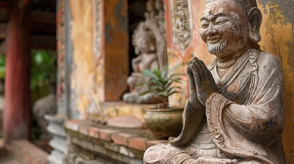 Obraz premium A serene wooden temple featuring traditional statues and decorative elements, reflecting a rich blend of spirituality, peace, and historical artistry, set in a tranquil environment.