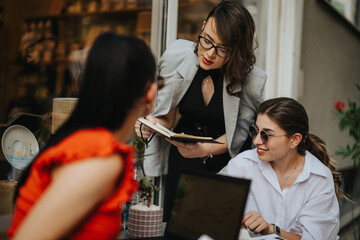 Three businesswomen engaged in a casual outdoor meeting, discussing project ideas and planning. The relaxed atmosphere and teamwork highlight their professional collaboration.