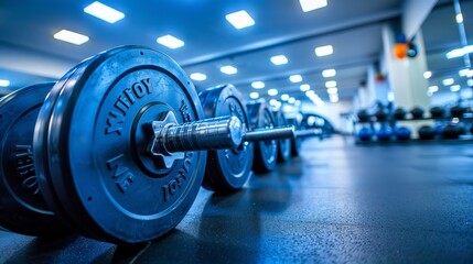 This image showcases a row of dumbbell weights properly aligned on a gym floor, with bright overhead lights highlighting the fitness equipment.