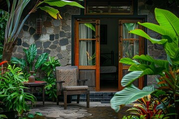 A cozy small house with a stylish stone facade, featuring a single chair and a table in the foreground, surrounded by vibrant green plants.