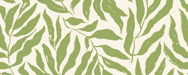 Brush drawn summer or spring foliage seamless pattern. Natural organic ornament with green branches with long leaves. Botanical wallpaper design, tropical or jungle motif. Silhouette of branches.