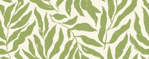 Gardinen Pflanzen Muster  Brush drawn summer or spring foliage seamless pattern. Natural organic ornament with green branches with long leaves. Botanical wallpaper design, tropical or jungle motif. Silhouette of branches.  © Anastasiia Hevko