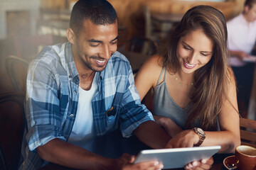 Couple, tablet and smile on date in restaurant browsing, hospitality and customer with online...