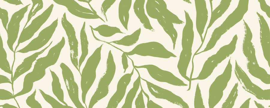 Brush drawn summer or spring foliage seamless pattern. Natural organic ornament with green branches with long leaves. Botanical wallpaper design, tropical or jungle motif. Silhouette of branches.