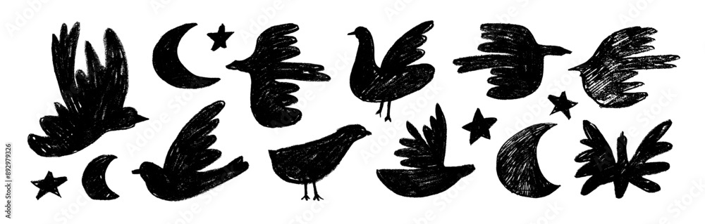 Poster abstract crayon drawn birds and doves collection. hand drawn vector black ink illustration. simple n