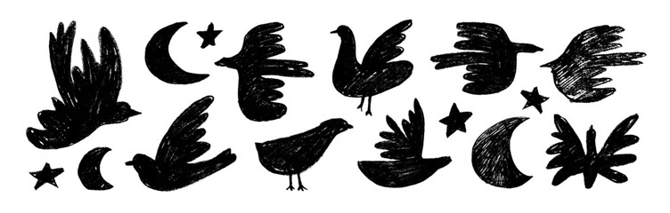 Abstract crayon drawn birds and doves collection. Hand drawn vector black ink illustration. Simple naive style. Modern trendy Matisse minimal style with rough texture. Childish scribbles.