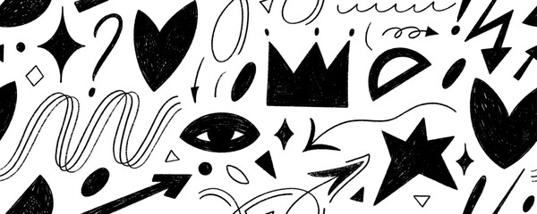 Girly seamless pattern with crayon drawn shapes, arrows, crown and heart. Abstract y2k background. Kid's style funky elements. Hand drawn Memphis style pattern with cute and trendy shapes.