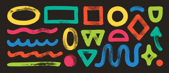 Multi colored naive playful abstract shapes in doodle grunge style. Underlines and basic geometric figures collection. Squiggle, oval, rectangle, circle, triangle. Vector punk playful illustration.