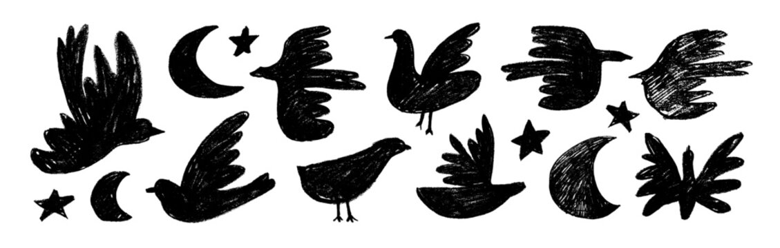 Abstract crayon drawn birds and doves collection. Hand drawn vector black ink illustration. Simple naive style. Modern trendy Matisse minimal style with rough texture. Childish scribbles.