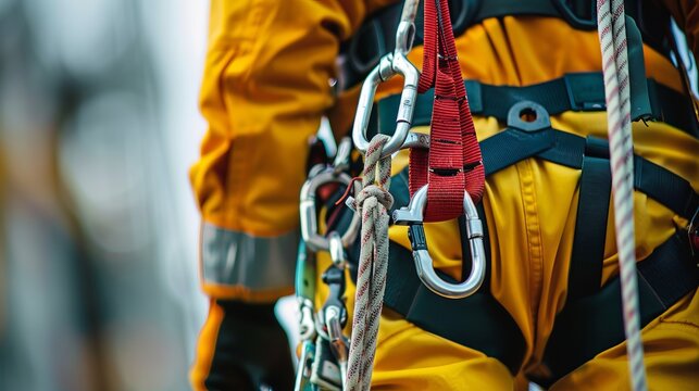 A detailed close-up shot showing the various carabiners, ropes, and safety equipment in use on a climber's harness, highlighting the importance and complexity of climbing gear. - Powered by Adobe