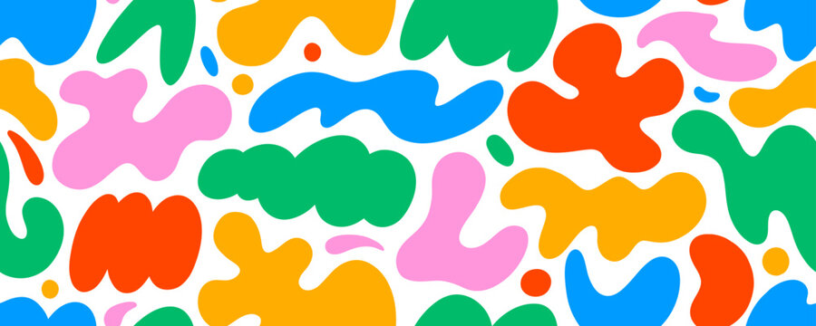 Colorful seamless pattern with liquid organic shapes and irregular forms. Creative amoeba organic fluid shapes. Cartoon childish style background with simple figures. Groovy funky design banner.