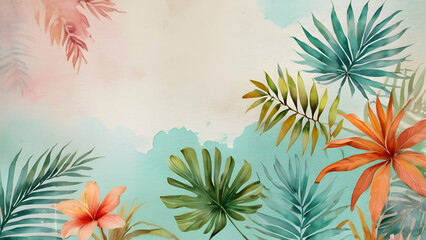 Beautiful tropics on the texture on a watercolor background vintage style in pastel colors