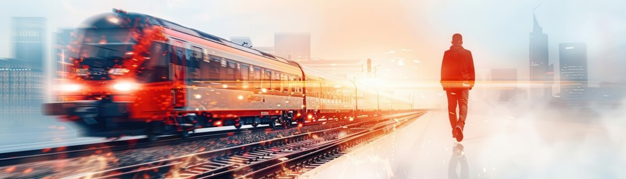 A train speeding down tracks towards the horizon, symbolizing unstoppable progress, onward journey