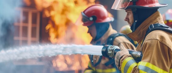 Firefighter training exercise, with a group practicing hose techniques, showing preparation and skill development, firefighter training