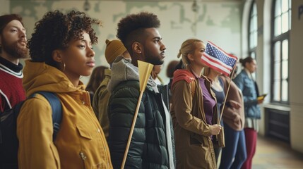 Concept, american flag on cracked background, group of people