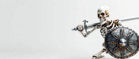 Skeleton warrior in ancient armor, wielding a sword and shield, depicting an eternal fighter, undead warrior
