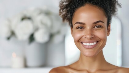 Woman smiling in front of a mirror with clear, glowing skin, celebrating the results of a consistent skincare routine, radiant skin
