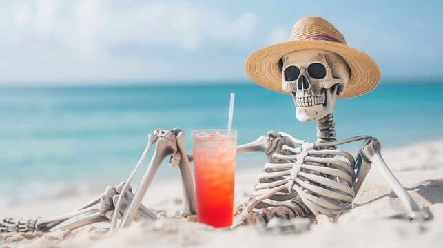 Skeleton lounging on a sandy beach with a drink in hand, blending humor with the macabre, skeleton vacation
