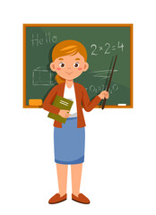 Female teacher concept. Woman with pointer stands near chalkboard with formulas. Lecture at university or lesson at school. Education and learning, training. Flat vector illustration