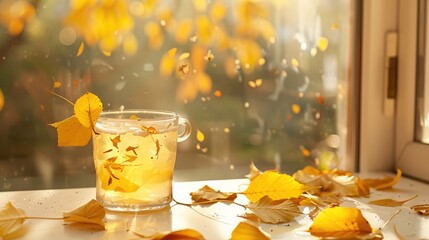 Autumn drink and yellow leaves by window, cozy fall mood.