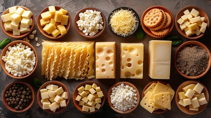 A diverse selection of various cheeses presented on a dark background, top view
