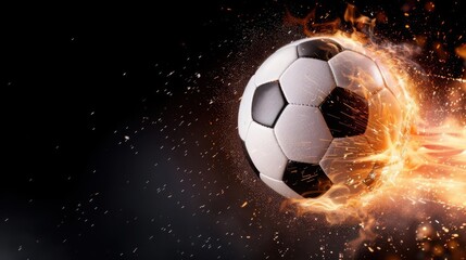 Fototapeta premium A fiery soccer ball soaring through the air on a black background,