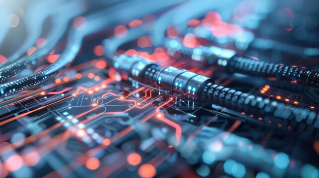 A network of cables weaving through a digital landscape,