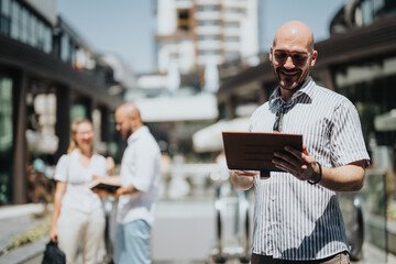 Business professionals networking outdoors in a modern urban city environment. Focus on a man holding a tablet with colleagues in the background.