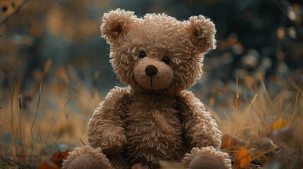 A soft, brown teddy bear sits in a grassy autumn field with golden hues, embodying childhood warmth and nostalgia against a blurry natural backdrop.