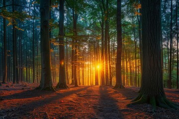 Fototapeta premium Enchanted forest at sunset with majestic trees, creating an enchanting and mystical dusk atmosphere filled with magic