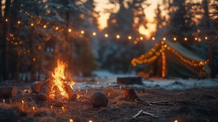 Serene Evening Campfire with Illuminated Tent in a Snowy Forest Setting