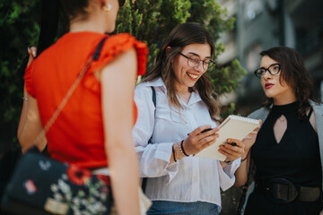 Three businesswomen in a casual outdoor meeting, engaged in discussion and taking notes on a sunny day.