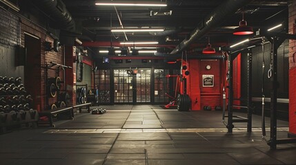 An edgy gym with bold red accents and a variety of exercise equipment, creating a dynamic and intense atmosphere for fitness enthusiasts seeking a tough workout session.