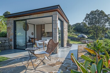 A stylish small house with a stone and glass facade, featuring a modern chair and a table on the patio, set against a lush green landscape.